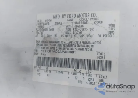 2010 Ford Ranger Xl/Xlt z USA, uszkodzony, nr VIN 1FTKR1AD2APA63681